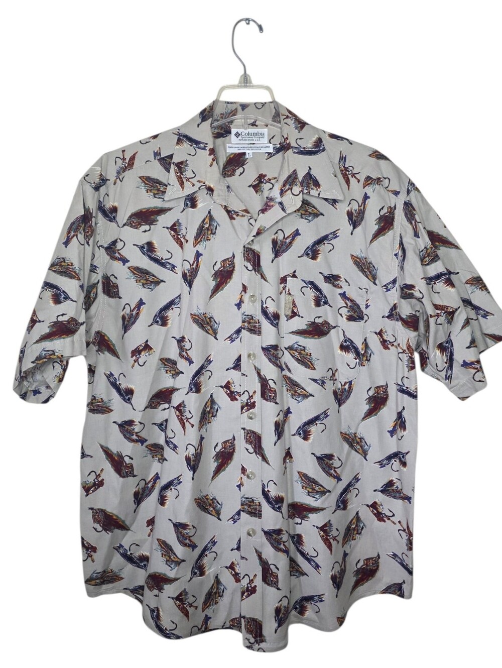 Columbia Sportswear Fishing Lure Graphic Button Down 100% Cotton Size Large